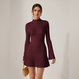 Pleated Hem Mock Neck Mini burgundy Dress Commense size S KK3 or 10